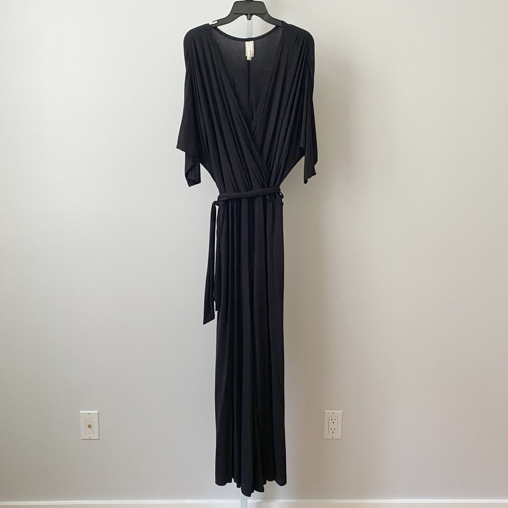 Loveappella Rayon Boho Relaxed Wide Leg Wrap Belted Jumpsuit 1X Black
